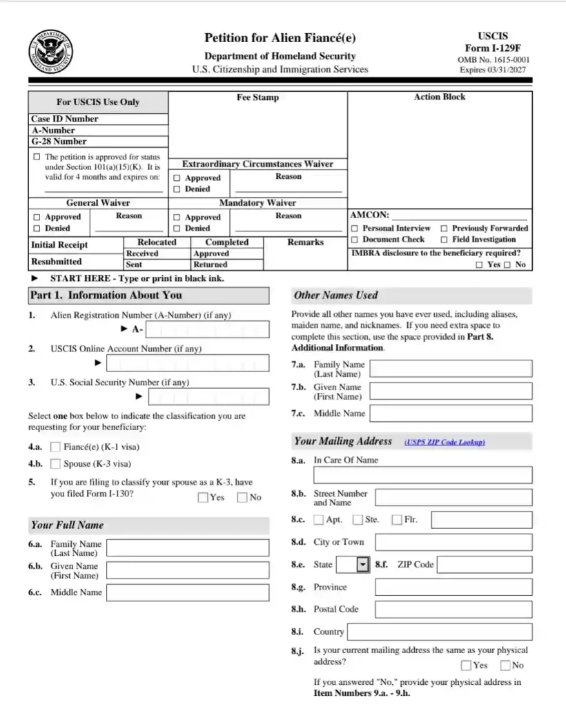 Fiancée Spouse Visa Petition for Alien Fiancé(e)